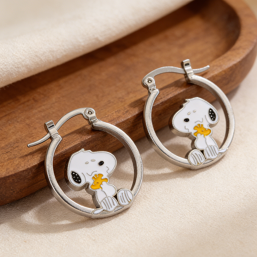 Hoop Earrings - Cute Snoopy Huggie Hoop Earrings, Silver-Tone